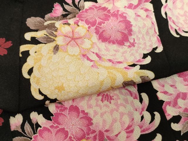 平和屋着物[]七五三　女の子　３歳　祝着　三つ身　JAPAN STYLE　菊　桜　黒地　鬼しぼ縮緬　洗える着物　AABH2923ja
