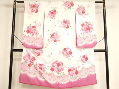 平和屋着物[]七五三　女の子　７歳　祝着　四つ身　mezzo piano　薔薇　リボン　暈し染め　金彩　洗える着物　AABH2924ja