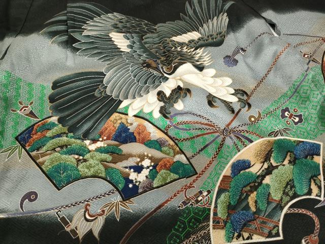 平和屋着物[]七五三　男の子　5歳　羽織　鷹　地紙風景文　暈し染め　黒地　金彩　AABH2932ja