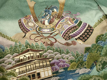 平和屋着物[]七五三　男の子　5歳　祝着・羽織セット　兜　金閣寺　暈し染め　金彩　金通し地　AABH2934ja
