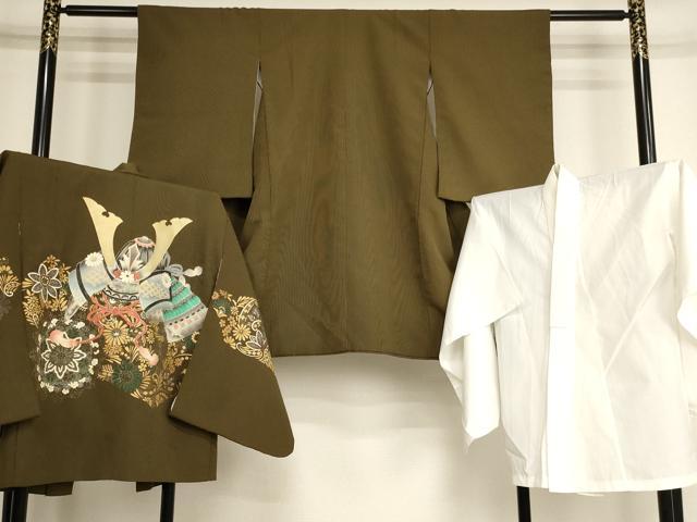平和屋着物[]七五三　男の子　5歳　祝着・羽織・長襦袢（単衣）セット　兜　草花文　金彩　AABH2938ja