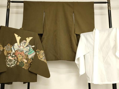 平和屋着物[]七五三 男の子 5歳 祝着・羽織・長襦袢（単衣）セット 兜 草花文 金彩 AABH2938ja