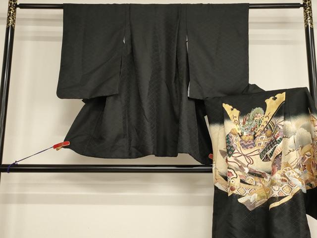 平和屋着物[]七五三　男の子　5歳　祝着・羽織セット　吉祥兜文　黒地　暈し染め　金彩　AABH2944ja