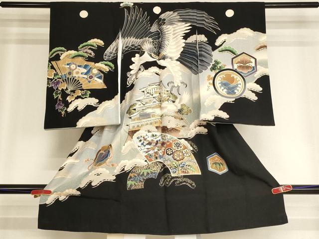 平和屋着物[]お宮参り　男の子　祝着　産着　初着　のしめ　鷹　飛鶴風景文　黒地　金彩　逸品　AABH2949ja
