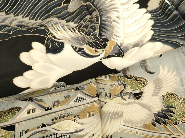 平和屋着物[]お宮参り　男の子　祝着　産着　初着　のしめ　鷹　飛鶴風景文　黒地　金彩　逸品　AABH2949ja