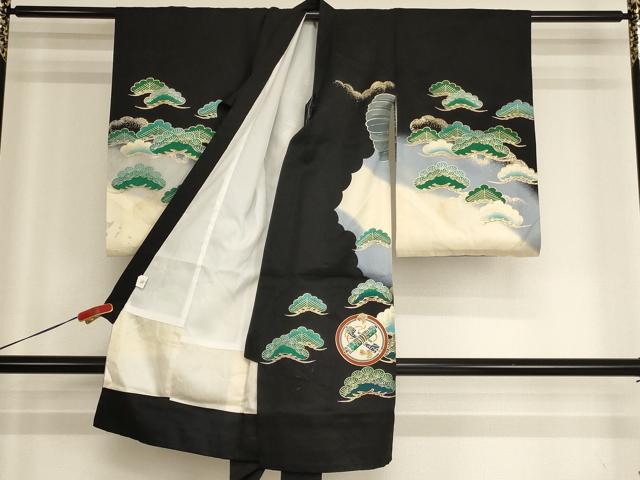 平和屋着物[]お宮参り　男の子　祝着　産着　初着　のしめ　鷹　吉祥松文　暈し染め　黒地　金銀彩　逸品　AABH2951ja