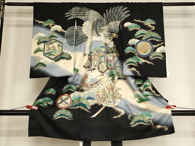 平和屋着物[]お宮参り　男の子　祝着　産着　初着　のしめ　兜　御所車松文　暈し染め　金彩　逸品　AABH2963ja