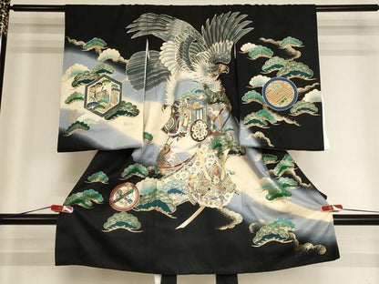 平和屋着物[]お宮参り 男の子 祝着 産着 初着 のしめ 兜 御所車松文 暈し染め 金彩 逸品 AABH2963ja