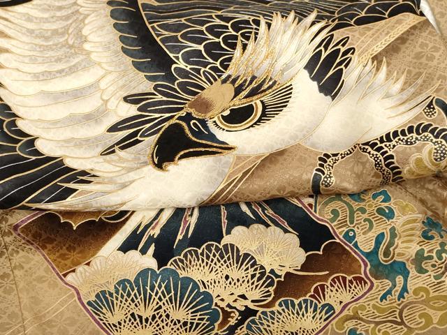 平和屋着物[]お宮参り　男の子　祝着　産着　初着　のしめ　刺繍　鷹　吉祥文　暈し染め　金糸　金彩　逸品　AABH2965ja
