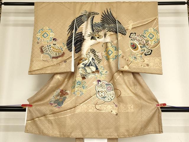 平和屋着物[]お宮参り　男の子　祝着　産着　初着　のしめ　刺繍　鷹　吉祥文　暈し染め　金糸　金彩　逸品　AABH2966ja
