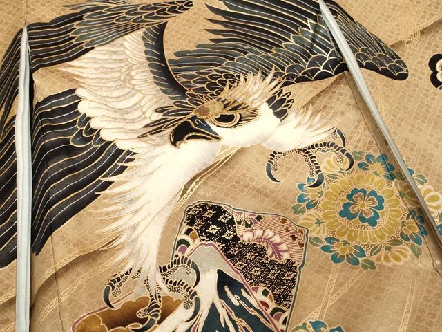 平和屋着物[]お宮参り　男の子　祝着　産着　初着　のしめ　刺繍　鷹　吉祥文　暈し染め　金糸　金彩　逸品　AABH2966ja