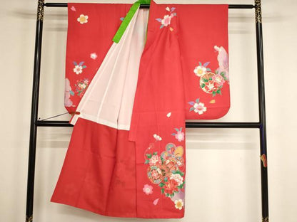 平和屋着物[]七五三　女の子　７歳　祝着　四つ身　花蝶鼓文　金彩　AABH2968ja