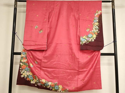 平和屋着物[]七五三　女の子　７歳　祝着　四つ身　花蝶文　金彩　金通し地　AABH2971ja