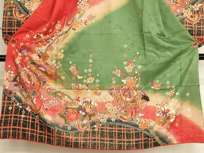 平和屋着物[]七五三　女の子　７歳　祝着　四つ身　扇面鳳凰花蝶文　暈し染め　金彩　逸品　AABH2972ja