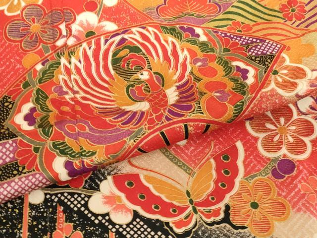 平和屋着物[]七五三　女の子　７歳　祝着　四つ身　扇面鳳凰花蝶文　暈し染め　金彩　逸品　AABH2972ja