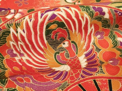 平和屋着物[]七五三　女の子　７歳　祝着　四つ身　扇面鳳凰花蝶文　暈し染め　金彩　逸品　AABH2972ja