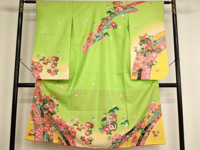 平和屋着物[]七五三　女の子　７歳　祝着　四つ身　鈴　飛鶴花文　暈し染め　金彩　AABH2974ja