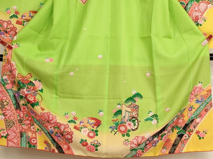 平和屋着物[]七五三　女の子　７歳　祝着　四つ身　鈴　飛鶴花文　暈し染め　金彩　AABH2974ja