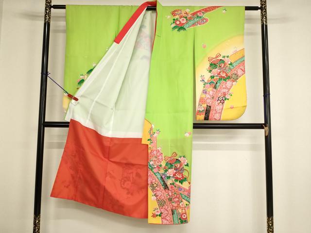 平和屋着物[]七五三　女の子　７歳　祝着　四つ身　鈴　飛鶴花文　暈し染め　金彩　AABH2974ja