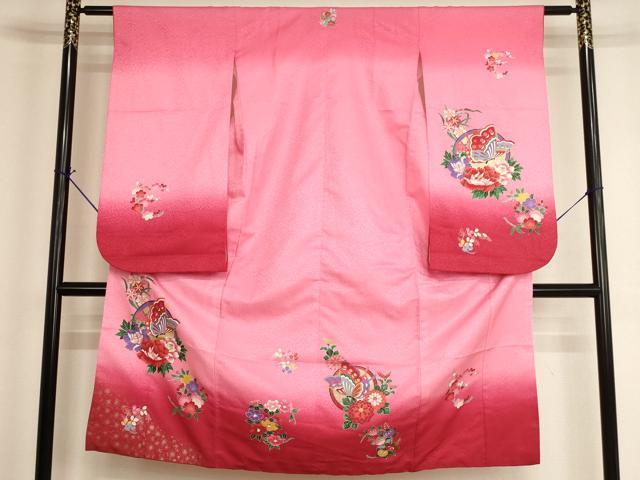 平和屋着物[]七五三　女の子　７歳　祝着　四つ身　花蝶丸文　暈し染め　金彩　AABH2975ja