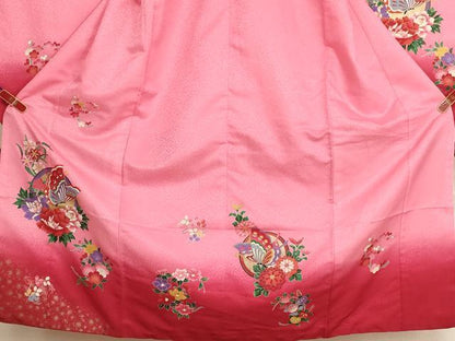平和屋着物[]七五三　女の子　７歳　祝着　四つ身　花蝶丸文　暈し染め　金彩　AABH2975ja