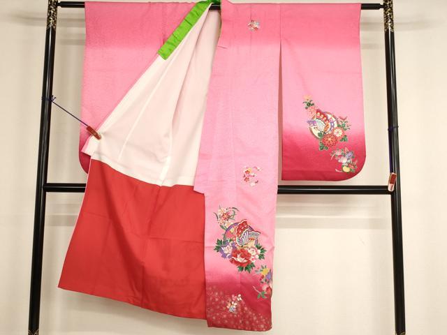 平和屋着物[]七五三　女の子　７歳　祝着　四つ身　花蝶丸文　暈し染め　金彩　AABH2975ja