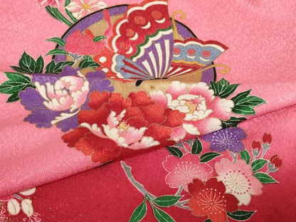 平和屋着物[]七五三　女の子　７歳　祝着　四つ身　花蝶丸文　暈し染め　金彩　AABH2975ja