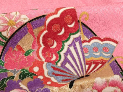 平和屋着物[]七五三　女の子　７歳　祝着　四つ身　花蝶丸文　暈し染め　金彩　AABH2975ja