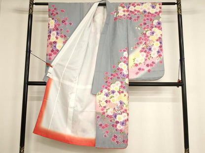 平和屋着物[]七五三　女の子　７歳　祝着　四つ身　鈴　桜　暈し染め　金彩　AABH2976ja
