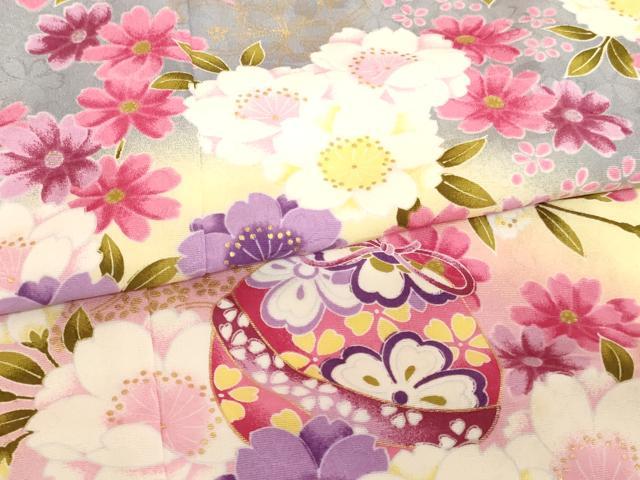 平和屋着物[]七五三　女の子　７歳　祝着　四つ身　鈴　桜　暈し染め　金彩　AABH2976ja