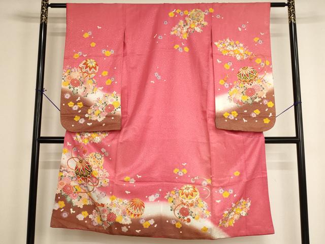平和屋着物[]七五三　女の子　７歳　祝着　四つ身　花手毬文　暈し染め　金彩　AABH2977ja