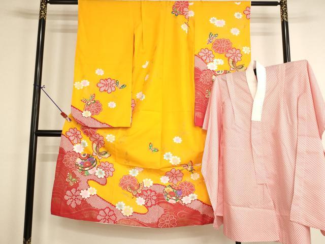 平和屋着物[]七五三　女の子　７歳　祝着　四つ身　長襦袢セット　手毬花蝶文　金彩　AABH2979ja