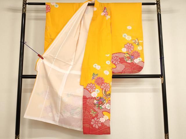 平和屋着物[]七五三　女の子　７歳　祝着　四つ身　長襦袢セット　手毬花蝶文　金彩　AABH2979ja