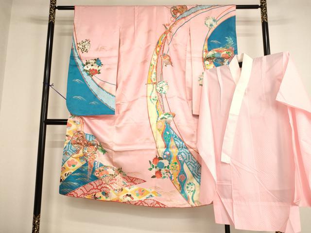 平和屋着物[]七五三　女の子　７歳　祝着　四つ身　長襦袢（単衣）セット　花鼓文　金彩　AABH2980ja