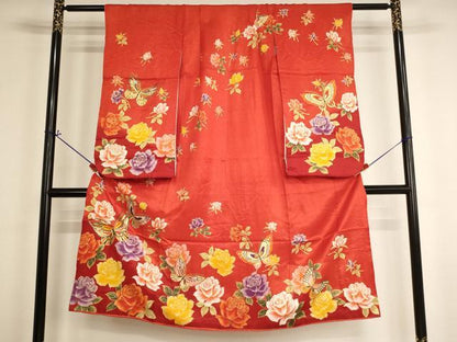 平和屋着物[]七五三　女の子　７歳　祝着　四つ身　花蝶文　薔薇　金銀彩　銀通し地　AABH2981ja