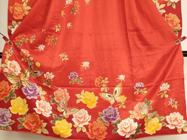 平和屋着物[]七五三　女の子　７歳　祝着　四つ身　花蝶文　薔薇　金銀彩　銀通し地　AABH2981ja