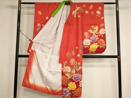 平和屋着物[]七五三　女の子　７歳　祝着　四つ身　花蝶文　薔薇　金銀彩　銀通し地　AABH2981ja