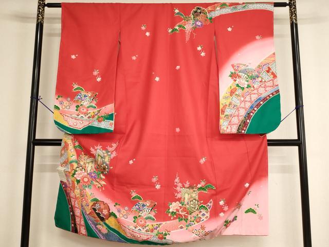平和屋着物[]七五三　女の子　７歳　祝着　四つ身　御所車花文　暈し染め　金彩　未使用　AABH2983ja
