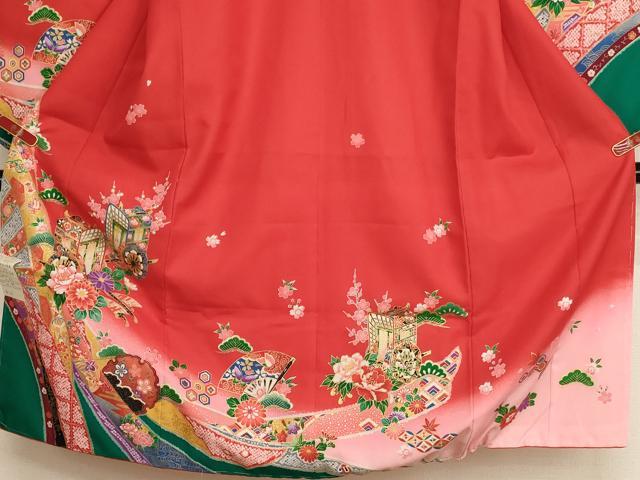 平和屋着物[]七五三　女の子　７歳　祝着　四つ身　御所車花文　暈し染め　金彩　未使用　AABH2983ja