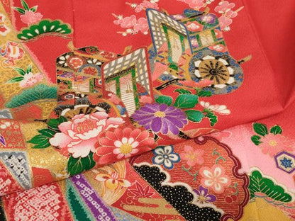 平和屋着物[]七五三　女の子　７歳　祝着　四つ身　御所車花文　暈し染め　金彩　未使用　AABH2983ja