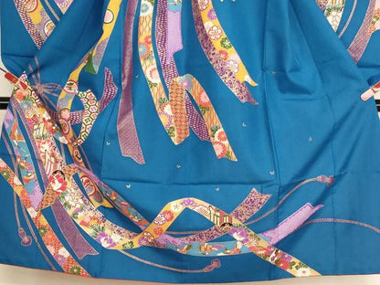平和屋着物[]七五三　女の子　７歳　祝着　四つ身　束ね熨斗飛鶴吉祥花文　金彩　AABH2984ja