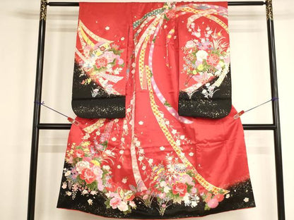 平和屋着物[]七五三　女の子　７歳　祝着　四つ身　花車舞蝶文　暈し染め　金彩　AABH2986ja