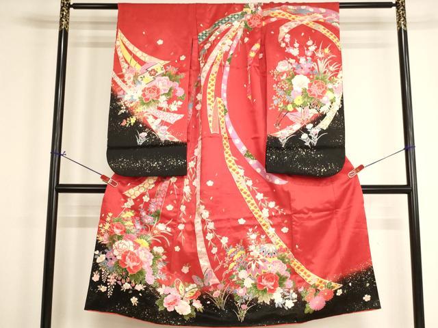 平和屋着物[]七五三 女の子 ７歳 祝着 四つ身 花車舞蝶文 暈し染め 金彩 AABH2986ja