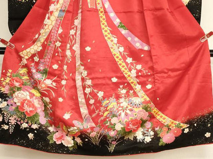 平和屋着物[]七五三　女の子　７歳　祝着　四つ身　花車舞蝶文　暈し染め　金彩　AABH2986ja