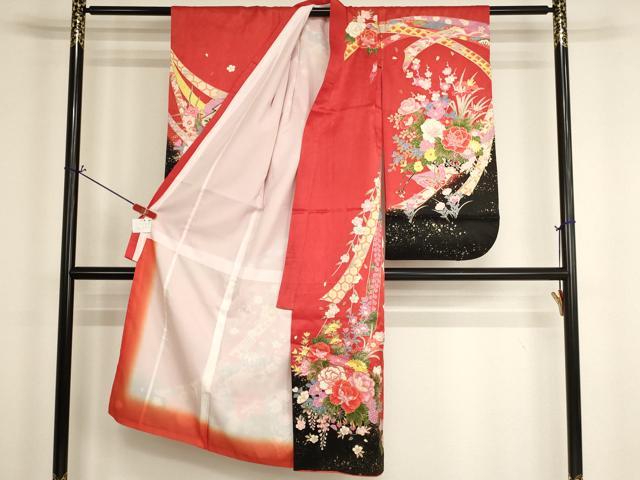 平和屋着物[]七五三　女の子　７歳　祝着　四つ身　花車舞蝶文　暈し染め　金彩　AABH2986ja