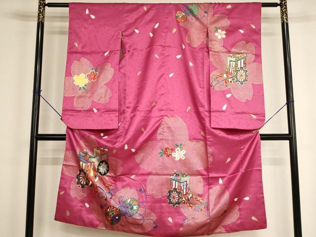 平和屋着物[]七五三　女の子　７歳　祝着　四つ身　御所車舞桜文　金彩　AABH2987ja