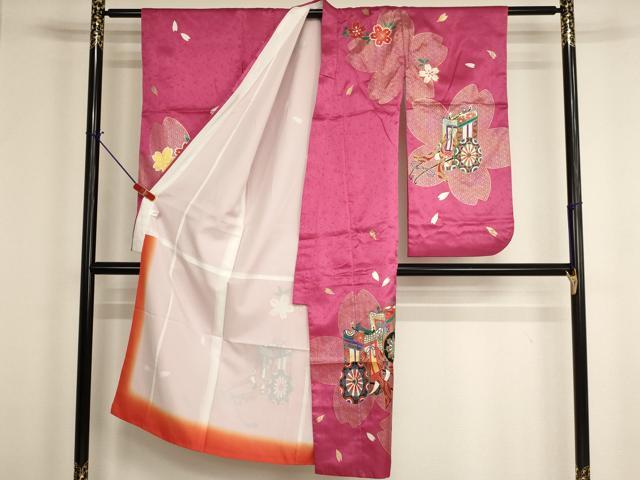平和屋着物[]七五三　女の子　７歳　祝着　四つ身　御所車舞桜文　金彩　AABH2987ja