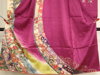 平和屋着物[]七五三 女の子 ７歳 祝着 四つ身 花車文 暈し染め 金彩 逸品 AABH2988ja