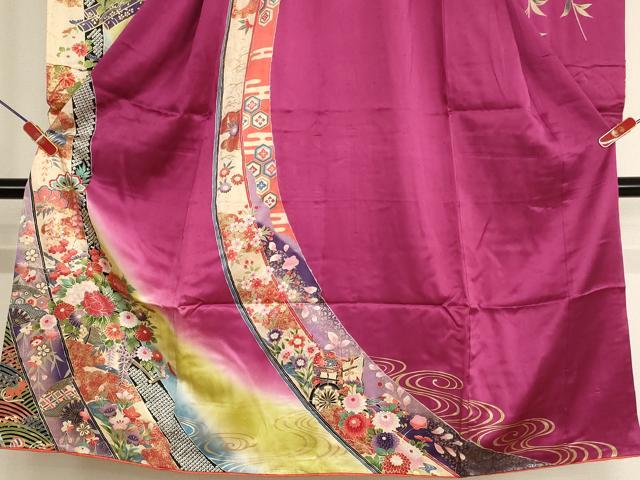 平和屋着物[]七五三 女の子 ７歳 祝着 四つ身 花車文 暈し染め 金彩 逸品 AABH2988ja