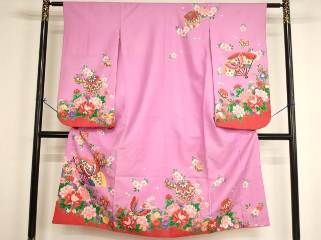 平和屋着物[]七五三　女の子　７歳　祝着　四つ身　扇面花蝶手毬文　金彩　AABH2989ja